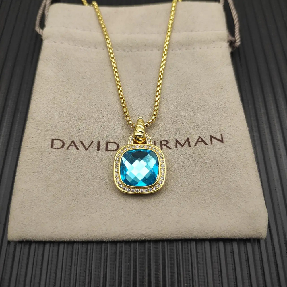 David Yurman Gold Blue Diamond Center Stone Square Diamond Necklace